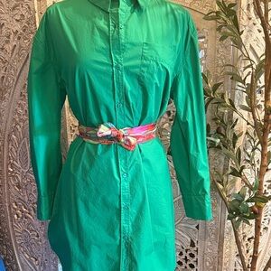 Green Button-Up Shirt with Colorful Belt